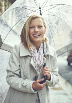 Smiling woman in raincoat holding an umbrella