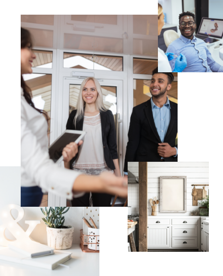 Collage of people smiling in building with white wooden walls