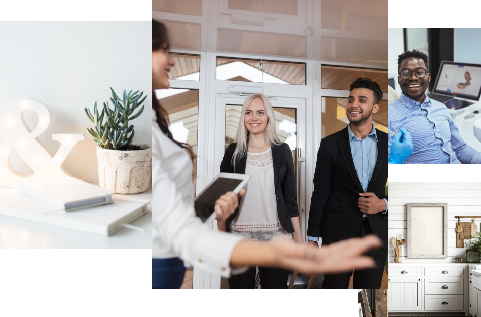 Collage of people smiling in building with white wooden walls