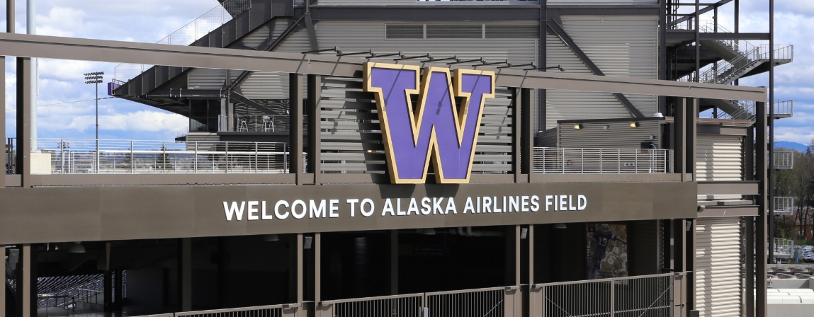Building outside of sports field that says Welcome to Alaska Airlines Field