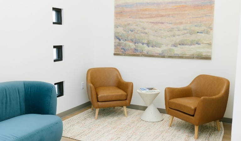 Two brown leather armchairs with painting of canyon on wall above them