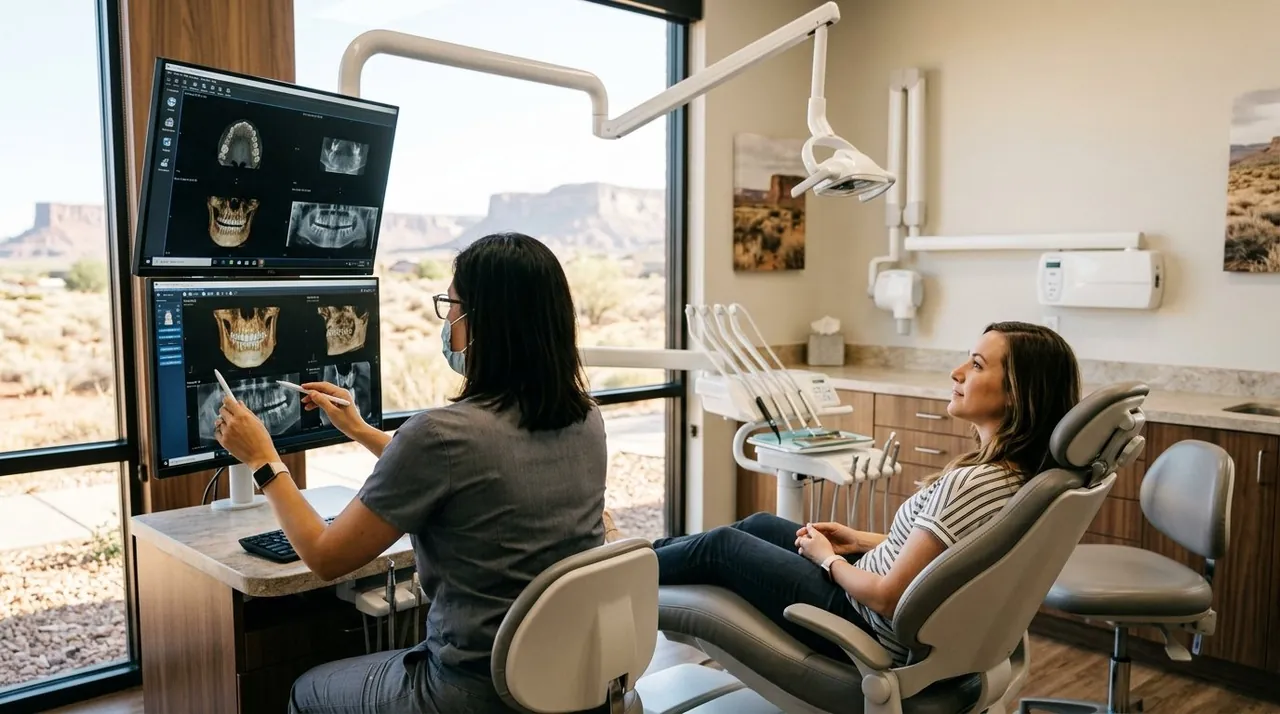 Dentist reviewing jawbone scan with patient before discussing dental implants in Mesa treatment options. Dentist reviewing jawbone scan with patient before discussing dental implants in Mesa treatment options.